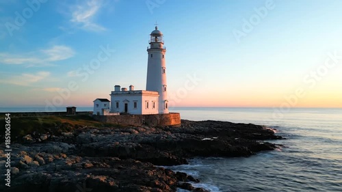 Coastal lighthouse at sunrise with ocean waves