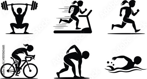 Six distinct black silhouette icons depict various fitness activities including weightlifting, running, cycling, and swimming