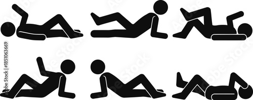 Six simple black silhouette icons illustrating a person resting in various relaxed lying positions