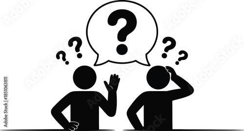 Two simple human figures pondering difficult questions with speech bubbles filled with uncertainty