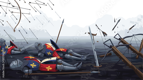 Medieval knights fallen in battle with arrows and swords scattered