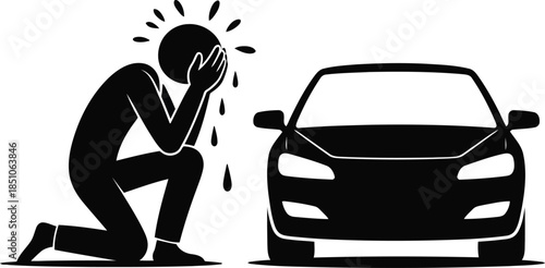 Upset individual kneeling by a dark car with hands covering face, showing deep sadness or regret