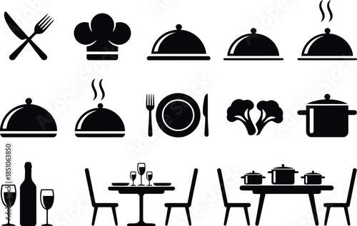 Various black icons depicting essential kitchen items and elements for a complete dining experience