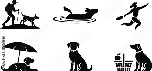 Various black silhouette icons depicting dogs engaging in different activities with people and in leisure