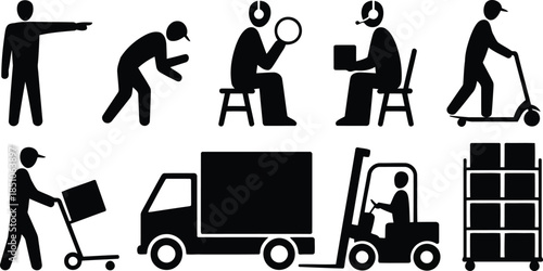 Various black silhouette icons illustrating logistics, delivery, and inspection processes