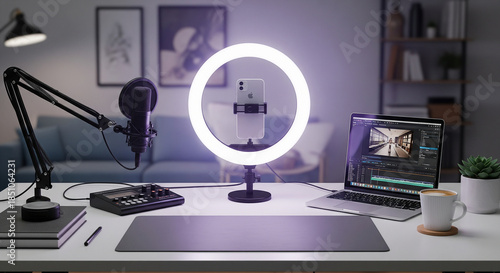 Content Creator Studio Setup
A professional desk setup for streaming and vlogging featuring a ring light with a smartphone, a high-quality microphone on a boom arm