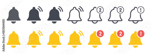 notification bell icon set with alerts and ringing status. vector flat illustration