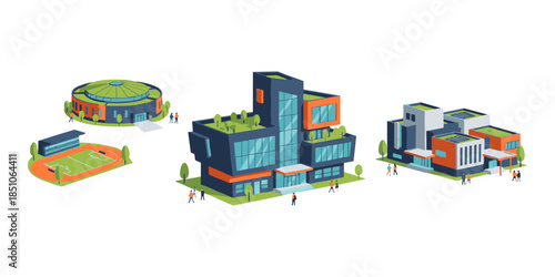 Isometric university campus with modern buildings and stadium