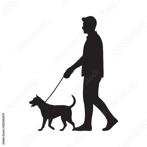 Man walking dog silhouette isolated.
Person with pet dog silhouette.
Silhouette of man walking pet.