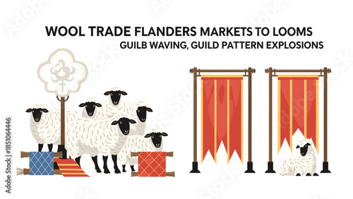 Sheep and textile banners in wool trade market scene