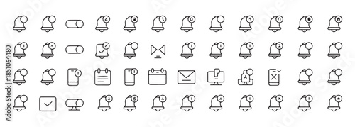 Notification bell line icons set. ui alerts, calendar, message, email, social media symbols