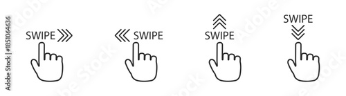 Swipe hand gesture arrow icon set for mobile app interface, vector illustration, flat design, touchscreen navigation, isolated on transparent background.