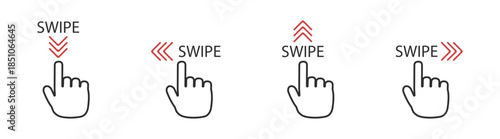 Gesture swipe icon set with hand and finger for touch screen, mobile interface, arrows, tap, click, slide, scroll, navigation, buttons, rotate, move, digital user interface on transparent background.