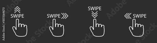 Hand gesture swipe and scroll icon set with finger tap, click, arrow, and navigation interface for mobile app design, vector illustration