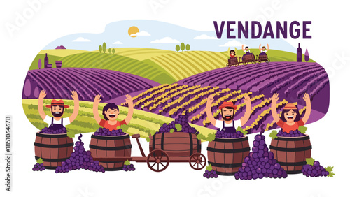 Happy vineyard workers harvesting grapes in lush purple fields