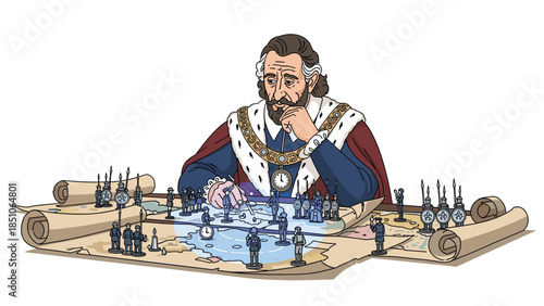 King strategist planning battle on ancient map with miniature soldiers