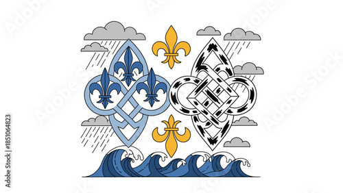 Vibrant Celtic knotwork design with fleur de lis and stormy sea