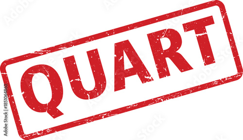 Distressed Red Quart Rubber Stamp on White Background, Angled Perspective, Design