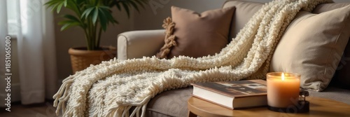 Cozy living room scene featuring a plush throw blanket draped over a sofa, a stylish coffee table book, and a scented candle, perfect for gifting , gift ideas, scented candle, apartment