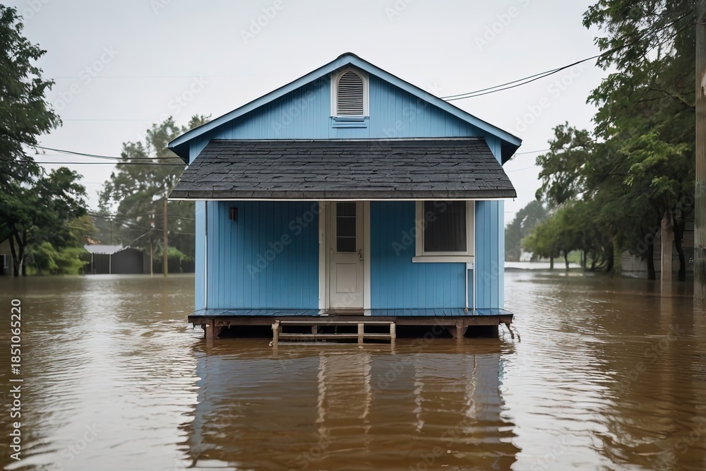 Fototapeta premium Small house struggles to stay afloat under