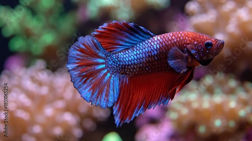 Colorful betta fish swimming in a decorative aquarium