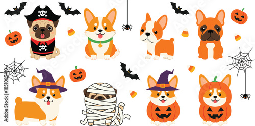 Cute Halloween Dog Characters Set with Corgi and Bulldog in Pumpkin Witch Pirate and Mummy Costumes Vector Illustration