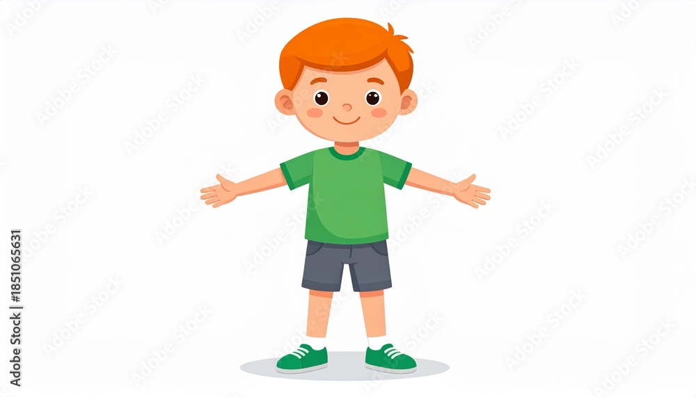 Fototapeta premium Cartoon boy with outstretched arms, green shirt and gray shorts