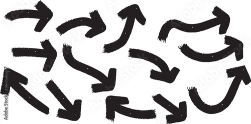 A collection of black arrows pointing in various directions on a white background