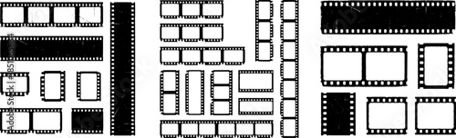 Vintage Film Strip Frame Collection with Grunge Grain Texture and Empty Photo Slots, Retro Cinema Border Vector Set.