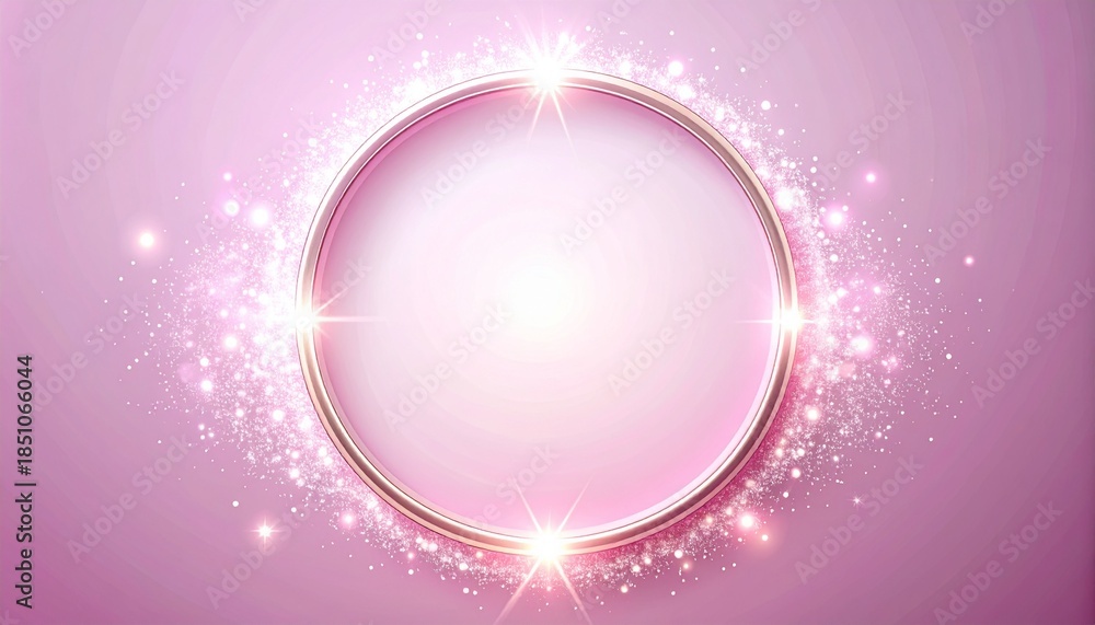 Obraz premium Elegant pink circle frame with sparkling glitter and light effects on a soft gradient background, perfect for luxury, beauty, and festive designs.