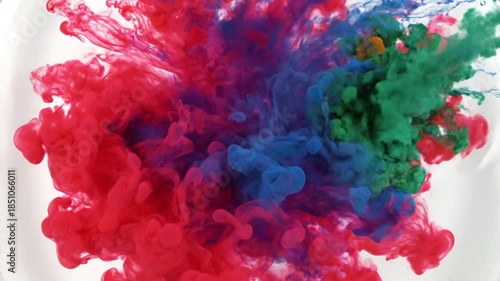 Colorful ink explosion in water against a white background