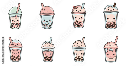 Cute Kawaii Bubble Tea Drinks Set with Smiling Faces in Pastel Square Background Cartoon Vector Style