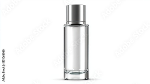 clear glass cosmetic bottle, transparent liquid, silver metallic cap