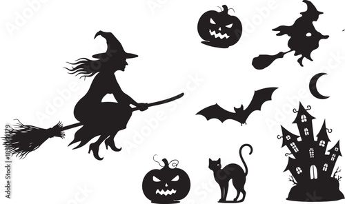 Flying Witch on Broom Silhouette Set – Halloween Magic Black Vector Icons on White Background.