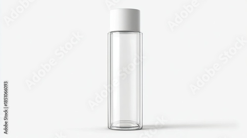 Slim, tall, transparent toner bottle with a clean white cap, vertical, minimalist composition, balanced studio lighting, plain white background