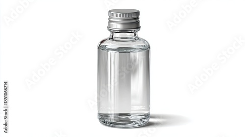 transparent Toner bottle with clear liquid, light gray metallic cap, no branding, isolated on clean white background