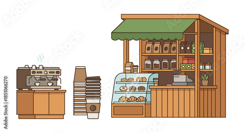 Coffee shop stall with espresso machine and pastry display