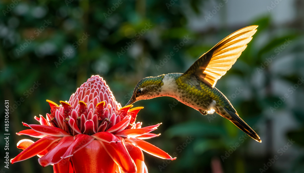Naklejka premium Vibrant Hummingbird Hovering At Red Flower, Wings Blur, Nectar Feeding, Tropical Bird, Macro Wildlife