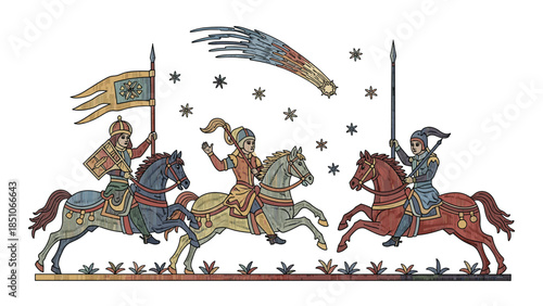 Three medieval knights on horseback with spears and flag