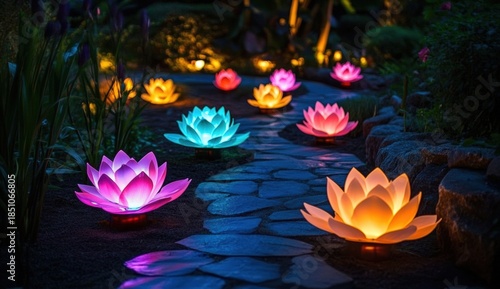A serene garden path illuminated by vibrant, glowing lotus flowers, creating a peaceful and enchanting nighttime atmosphere.