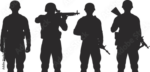 A collection of four black soldier silhouettes with military gear and rifles standing ready