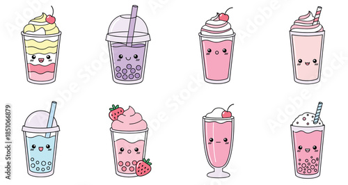 Cute Kawaii Bubble Tea and Milkshake Drinks Set with Smiling Faces in Pastel Cartoon Vector Illustration