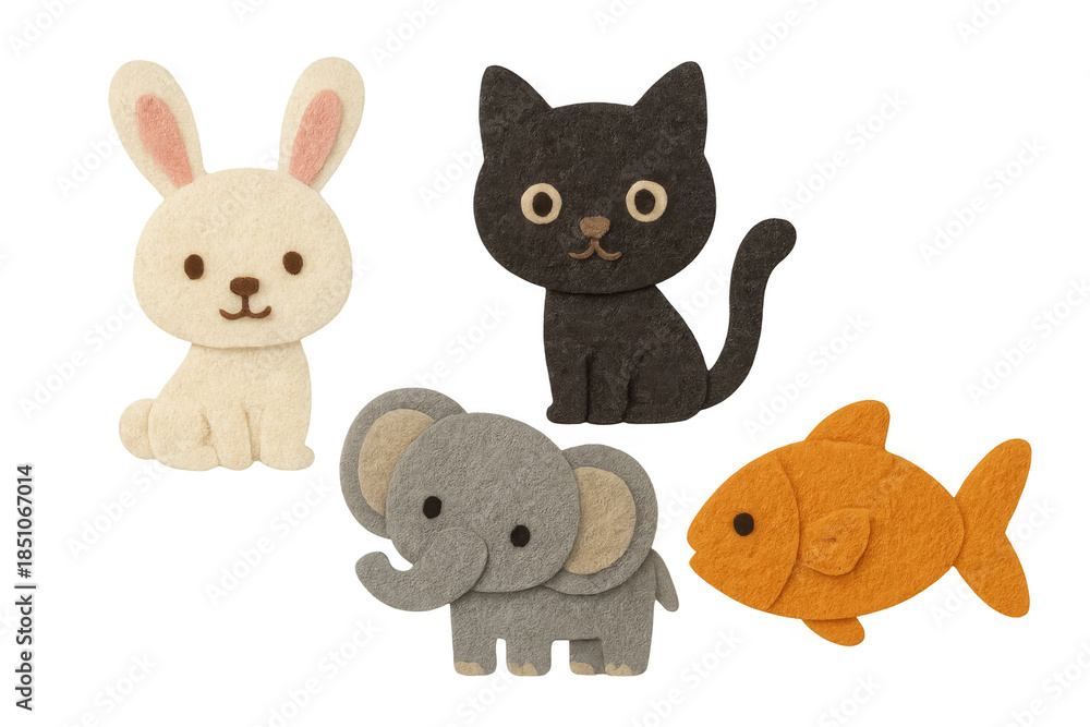 Obraz premium Cute felt animals, including a rabbit, cat, elephant, and fish. These handmade figures are ideal for children's crafts and designs