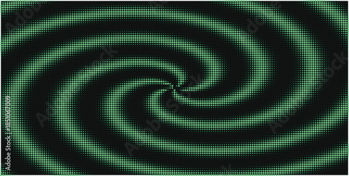 Green spiral ripple waves on black background, abstract vortex swirl rings
