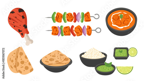 Assorted savory and spicy foods with fresh ingredients and sides