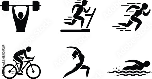 A collection of six black silhouette icons representing various sports and fitness activities