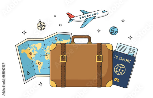 Global travel planning with suitcase, passport, and world map