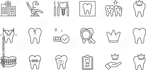 Dental care icon set, outline vector symbols for dentistry, tooth health, orthodontics, implant, clinic, treatment, hygiene, web, mobile