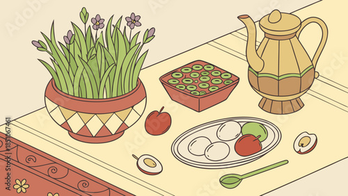 A set of vintage vector icons showing breakfast food, coffee, tea, vegetables, and kitchen art design