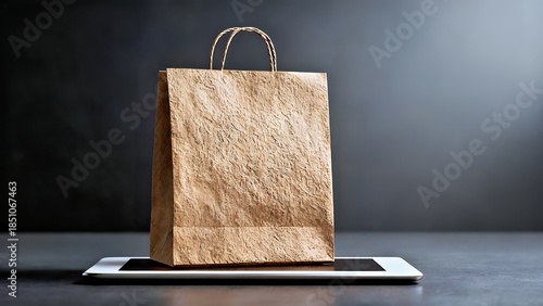 Eco-Friendly Paper Shopping Bag on Digital Tablet: Sustainable Retail Trend